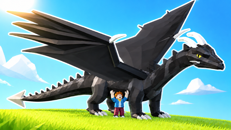 Black dragon with spread wings beside a Roblox player in the official Grow A Dragon artwork